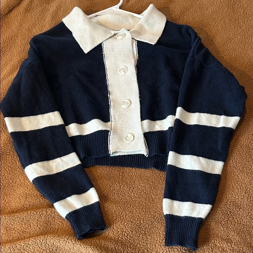 Navy and Cream Striped Button-Up Sweater - Picture 6 of 8